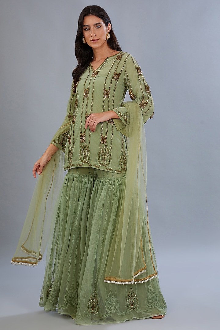 Green Net & Crepe Sharara Set by Diksha Tandon at Pernia's Pop Up Shop