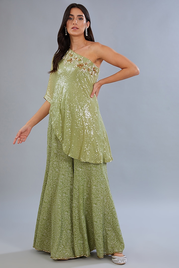 Green Georgette Sharara Set by Diksha Tandon at Pernia's Pop Up Shop