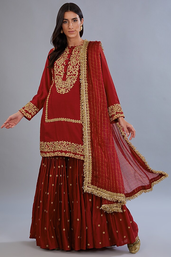 Red Satin & Silk Sharara Set by Diksha Tandon