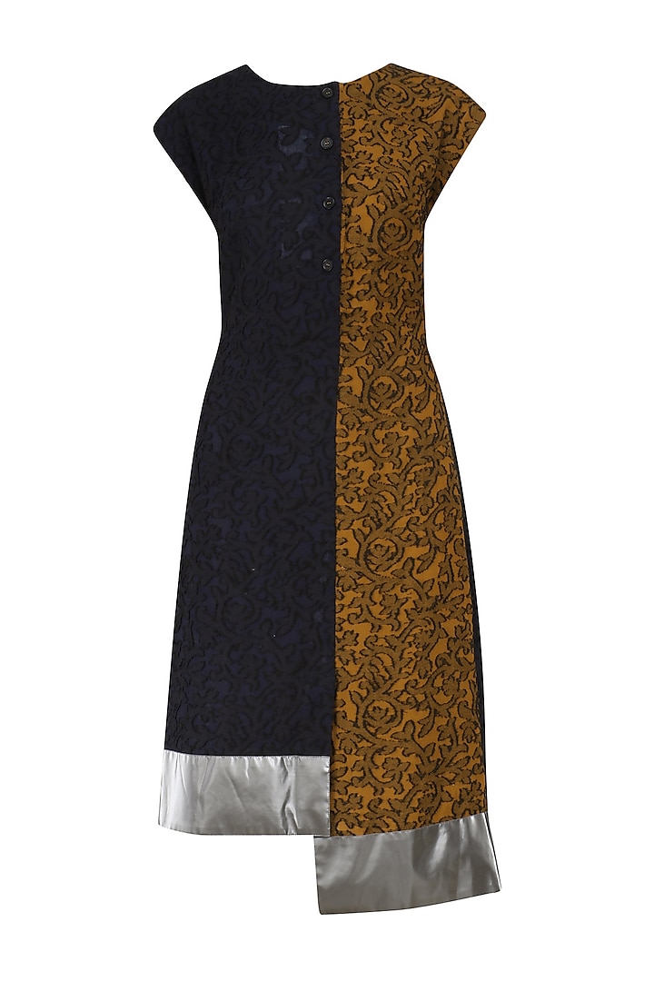 Navy Blue and Mustard Asymmetric Jacquared Panelled Dress by Dhruv Kapoor