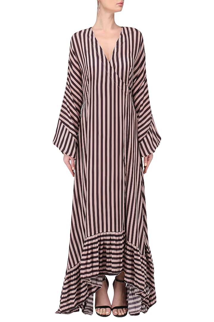 Blush Pink and black striped maxi wrap dress available only at Pernia's Pop Up Shop.