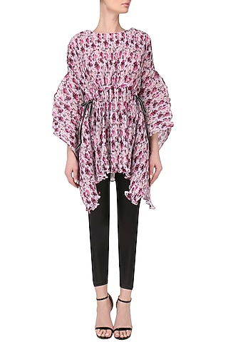 Lavender floral print kaftan tunic by Dhruv Kapoor