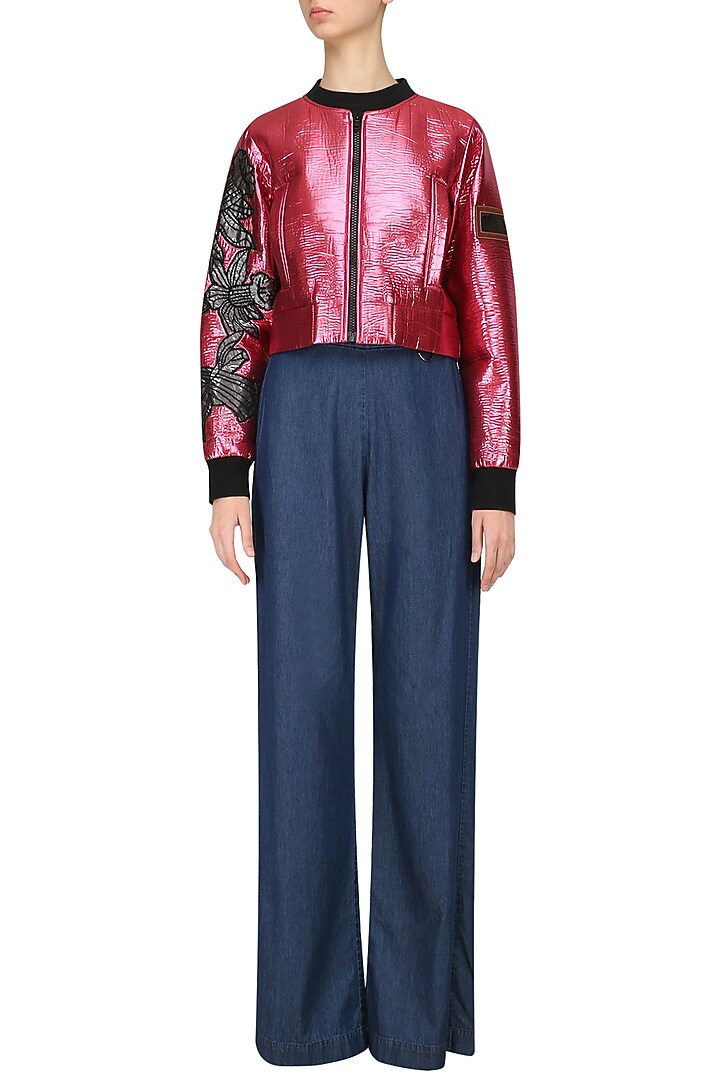 Metallic pink cropped bomber jacket available only at Pernia's Pop Up Shop.