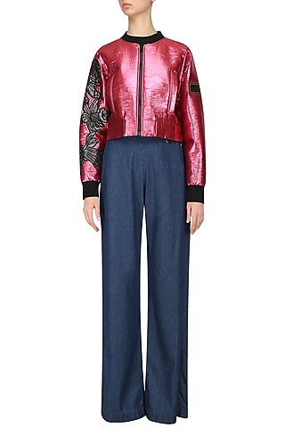 Metallic Pink Cropped Bomber Jacket by Dhruv Kapoor
