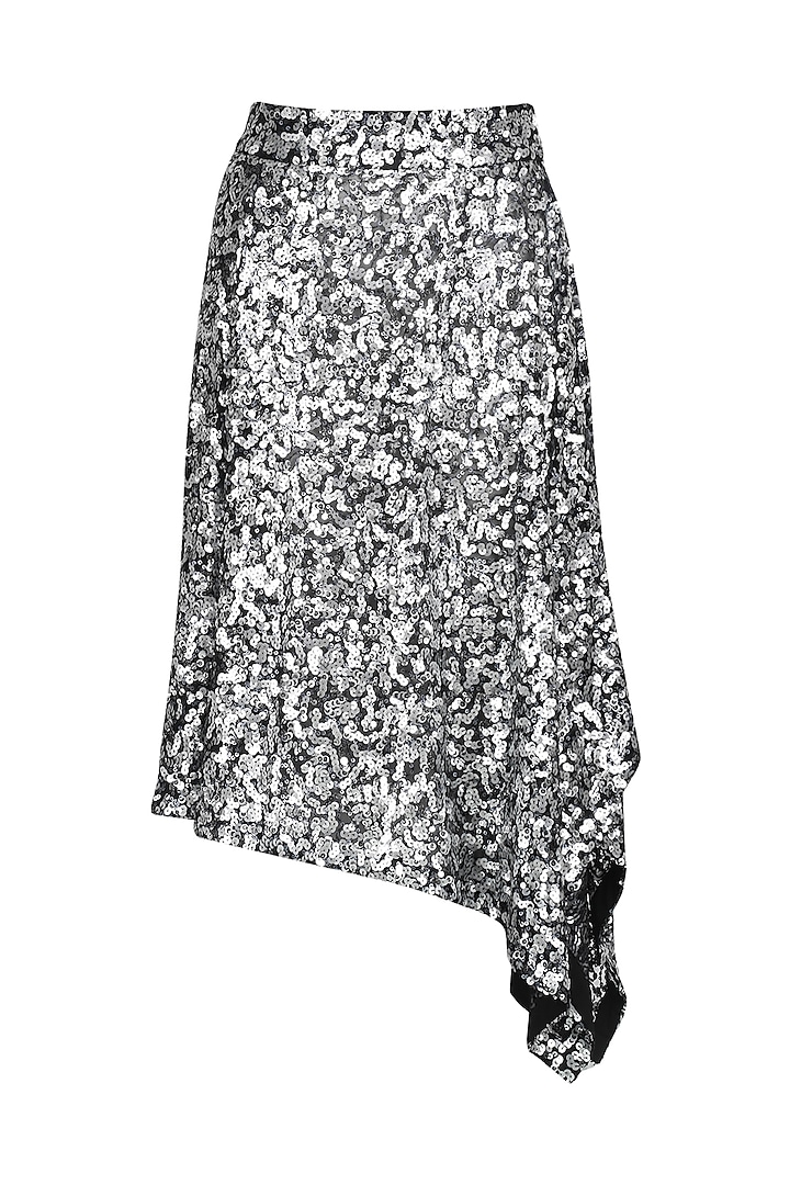 Silver Sequins Asymmetric Skirt by Dhruv Kapoor