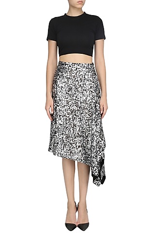 Silver Sequins Asymmetric Skirt by Dhruv Kapoor