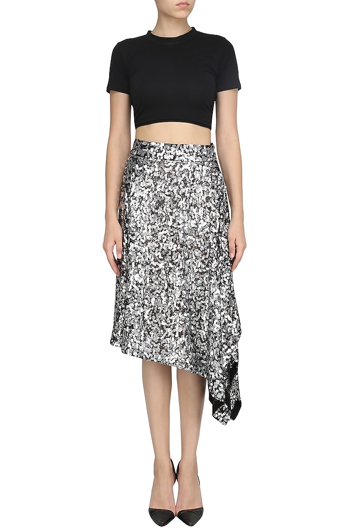 Silver sequins asymmetric skirt available only at Pernia's Pop Up Shop.