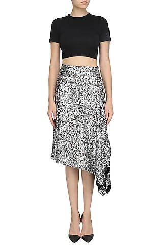 Silver Sequins Asymmetric Skirt by Dhruv Kapoor