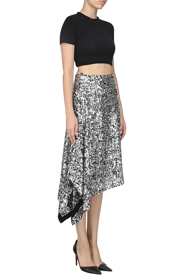 Silver sequins asymmetric skirt available only at Pernia's Pop Up Shop.