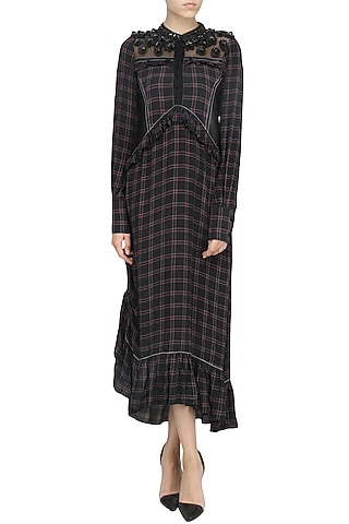 Black Check Ruffled Dress by Dhruv Kapoor