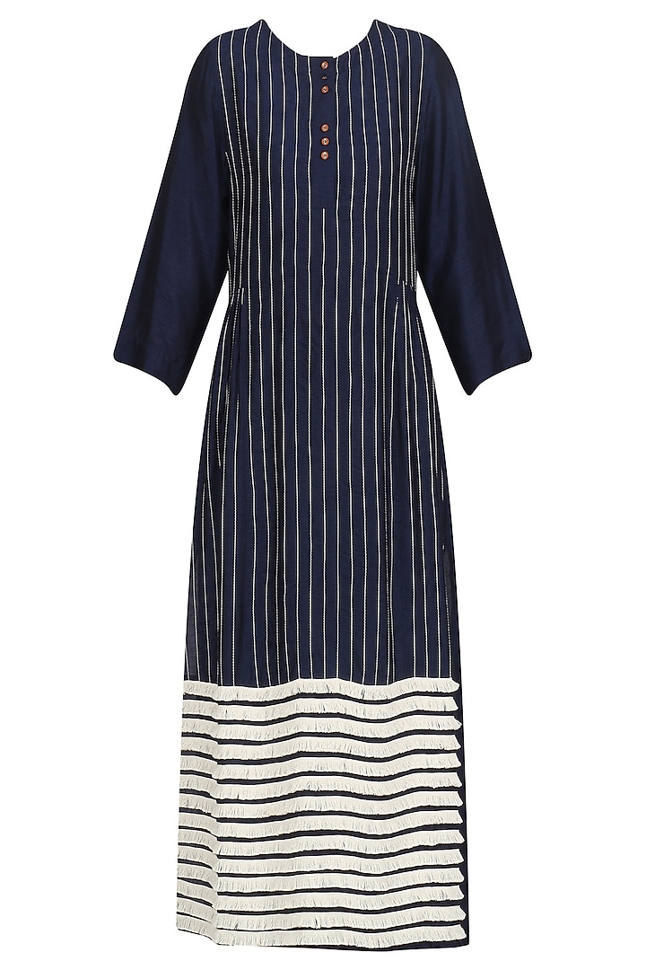 Navy Blue Striped Fringe Dress by Dhruv Kapoor