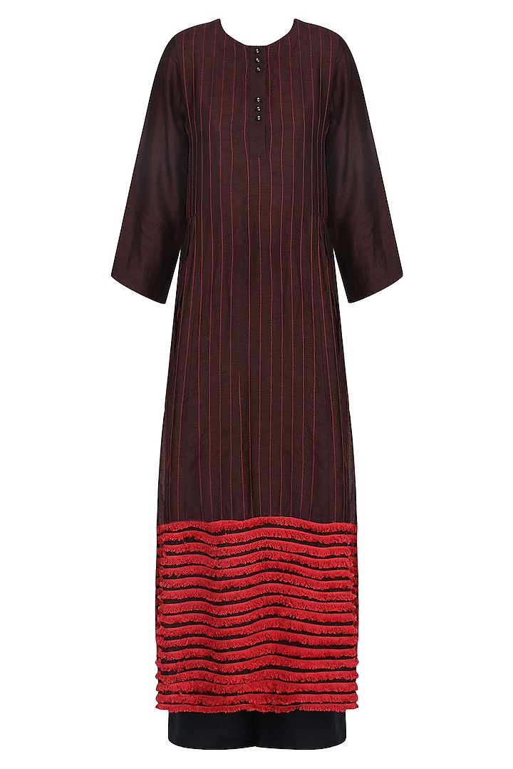 Wine Striped Fringe Dress by Dhruv Kapoor