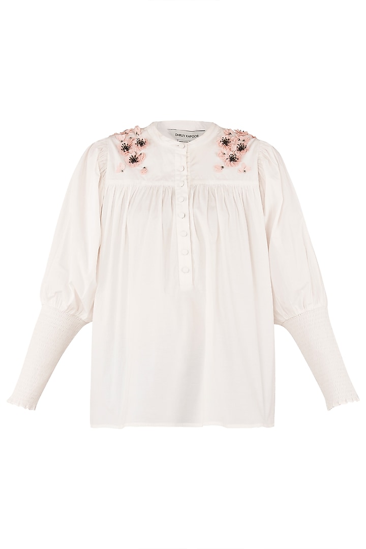 White Embroidered Gathered Shirt by Dhruv Kapoor