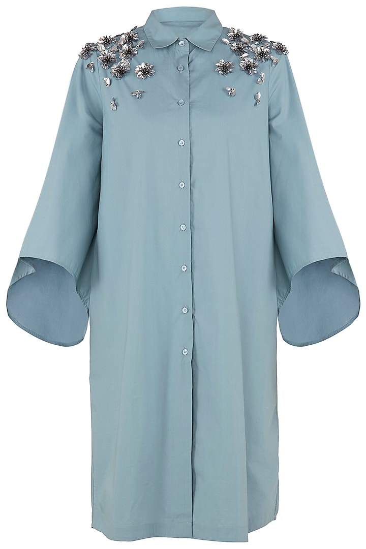 Dusty Blue Embroidered Shirt Dress by Dhruv Kapoor