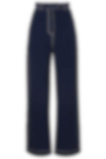 Navy Blue Wide Legged Side Snap Button Pants by Dhruv Kapoor