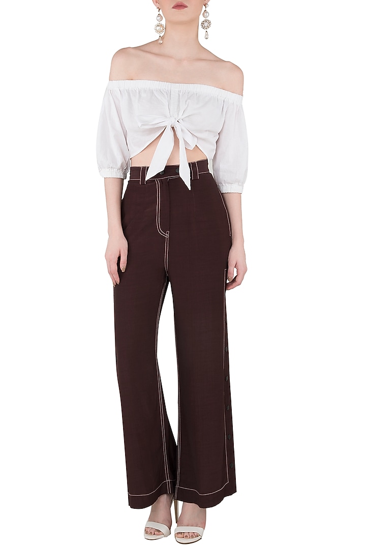 Wine wide legged side snap button pants available only at Pernia's Pop Up Shop.