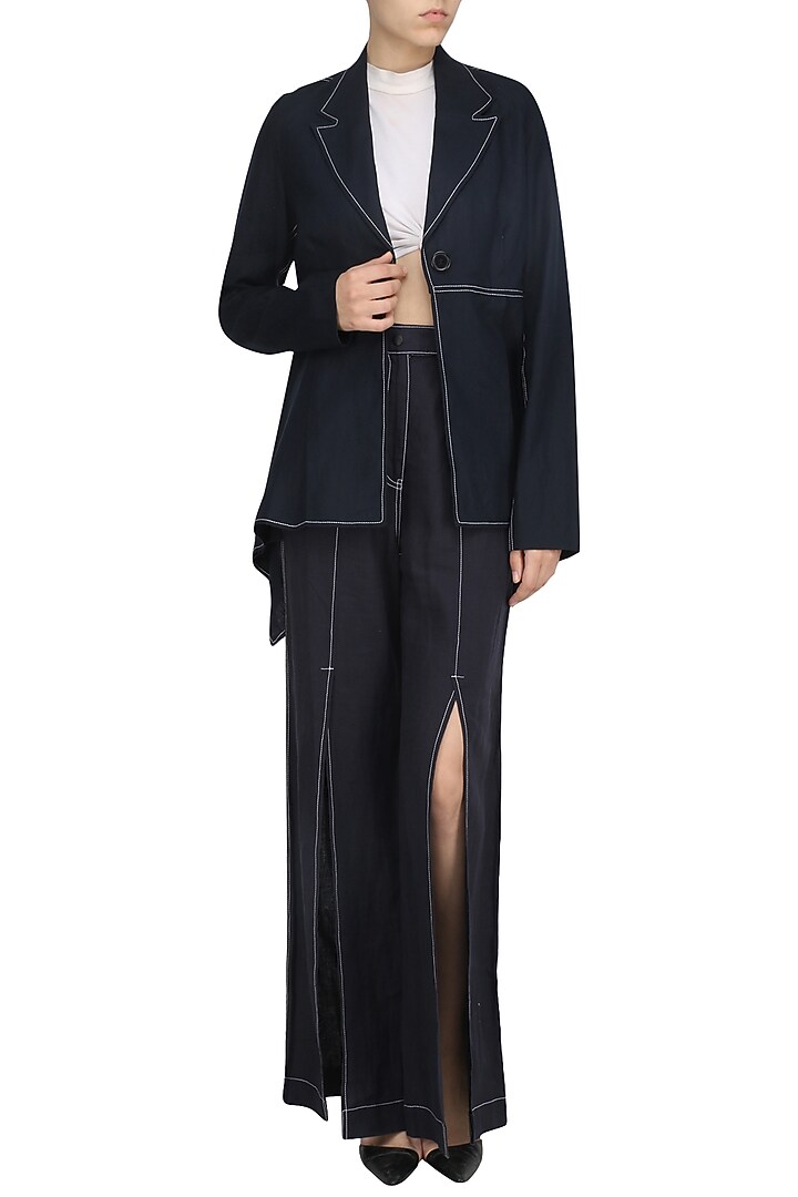 Navy blue asymmetric jacket available only at Pernia's Pop Up Shop.