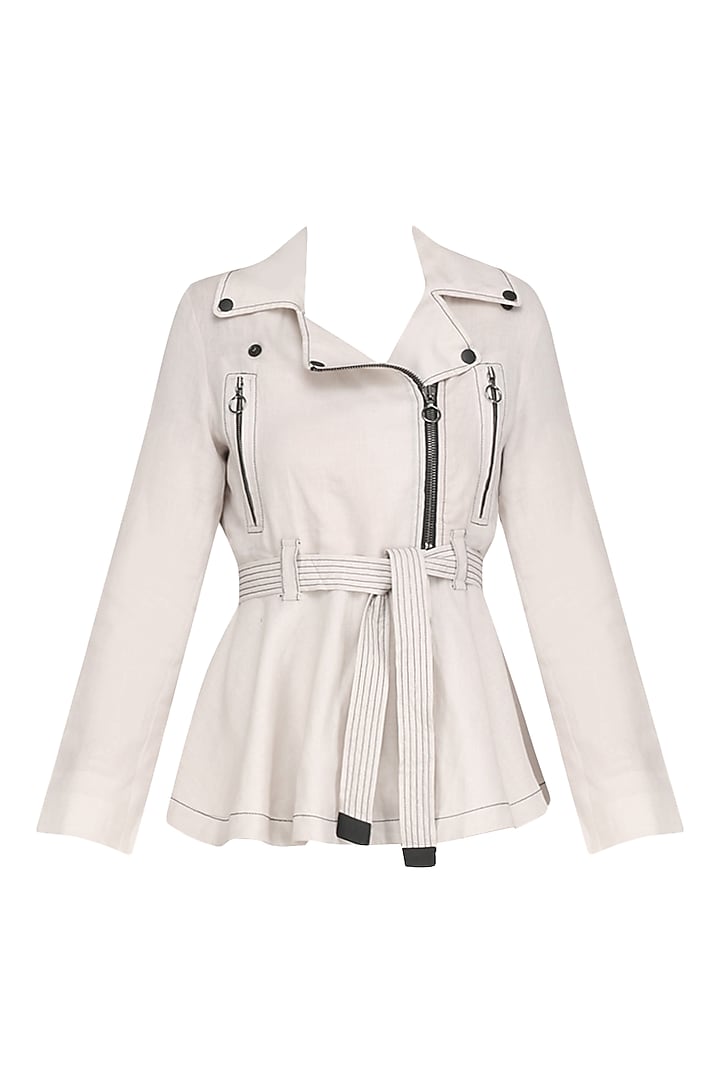Beige peplum biker jacket available only at Pernia's Pop Up Shop.