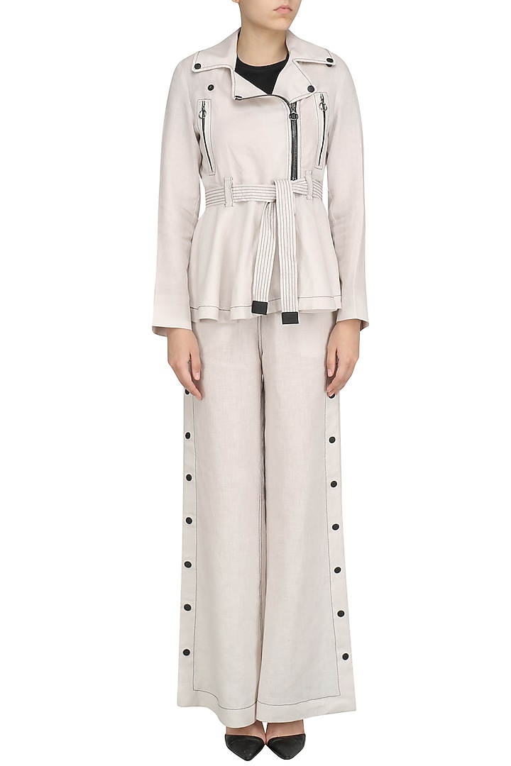 Beige peplum biker jacket available only at Pernia's Pop Up Shop.