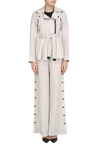 Beige Peplum Biker Jacket by Dhruv Kapoor