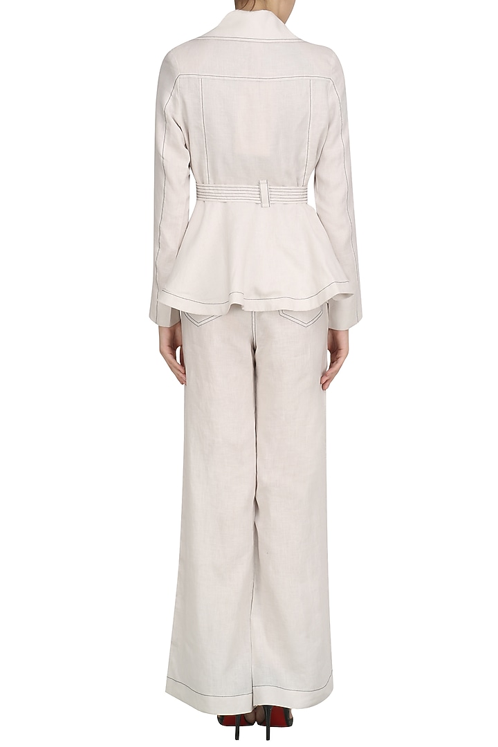 Beige peplum biker jacket available only at Pernia's Pop Up Shop.