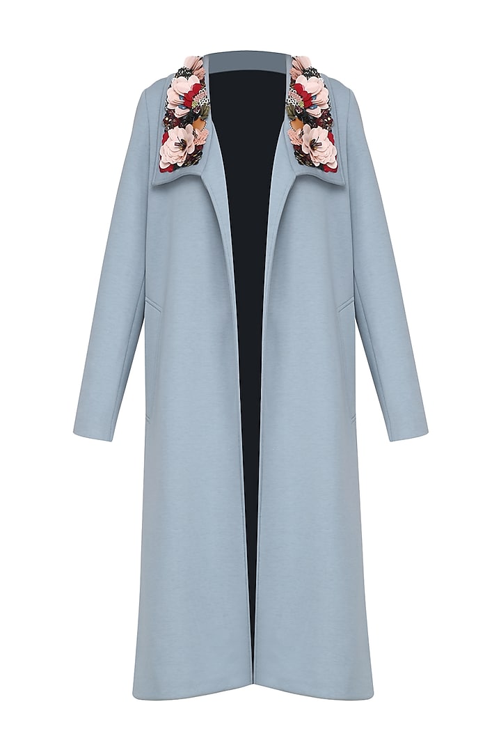 Dusty Blue Embroidered Collar Trench Coat by Dhruv Kapoor