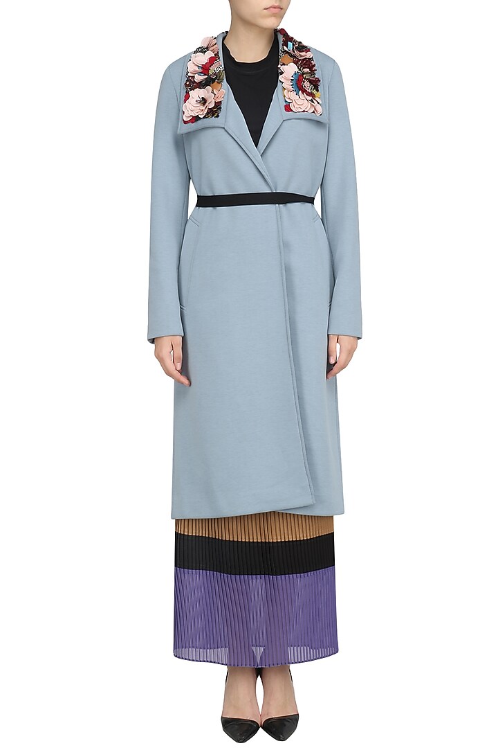 Dusty blue embroidered collar trench coat available only at Pernia's Pop Up Shop.
