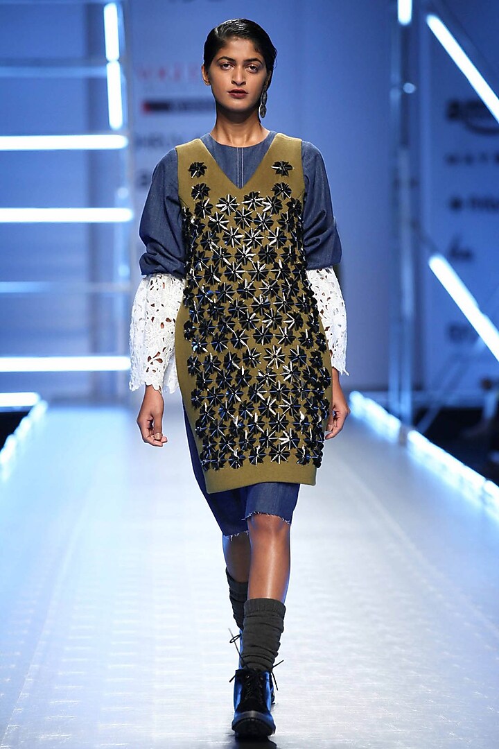 Denim and white lace alien dress available only at Pernia's Pop Up Shop.