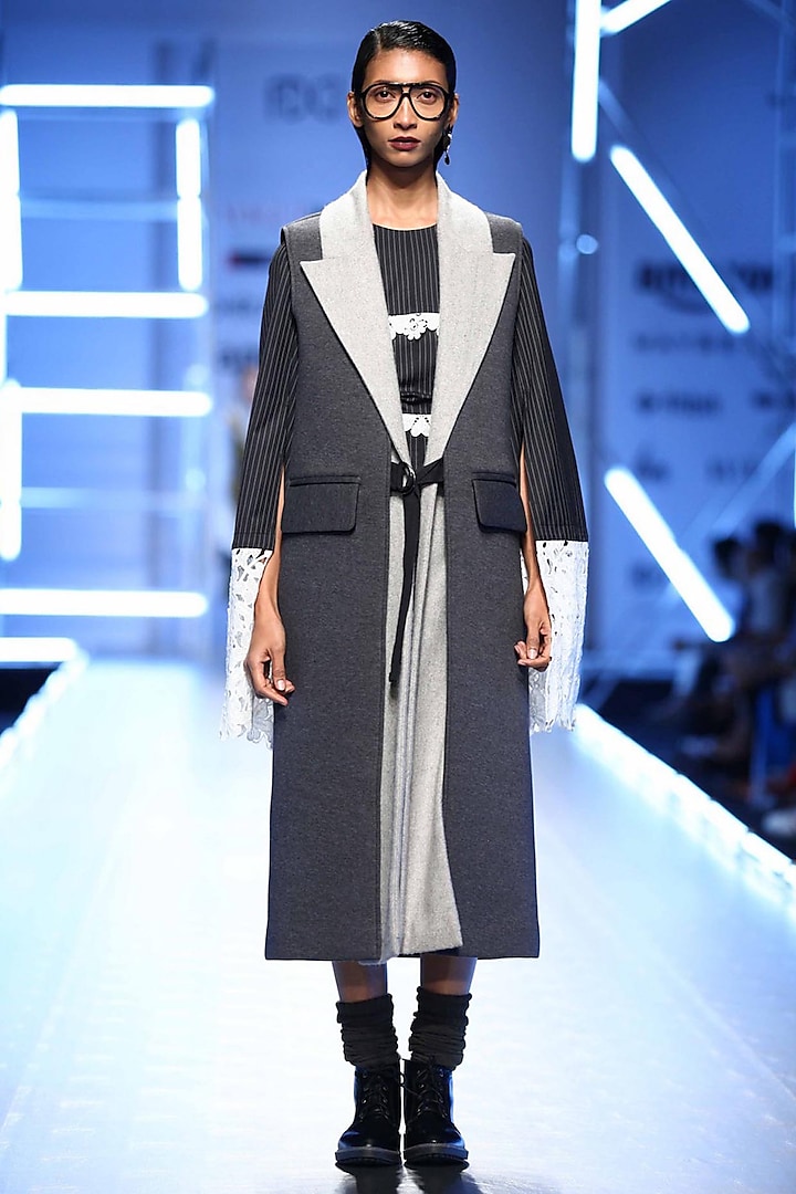 Charcoal double collar coat by Dhruv Kapoor