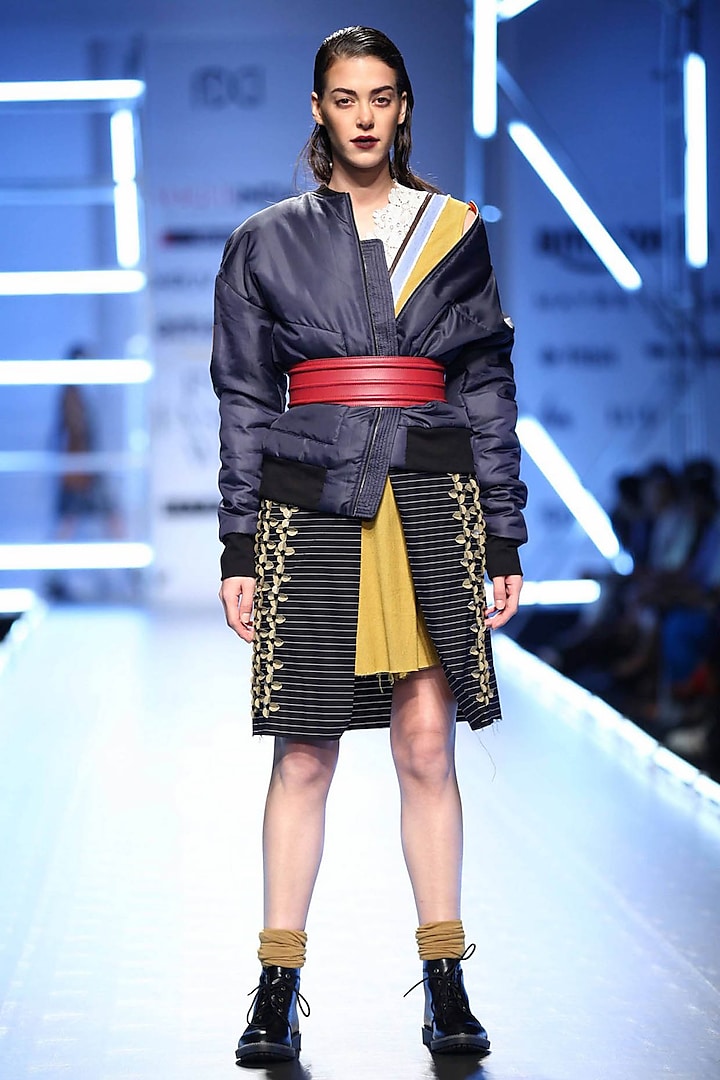 Pinstripe embroidered wrap skirt by Dhruv Kapoor