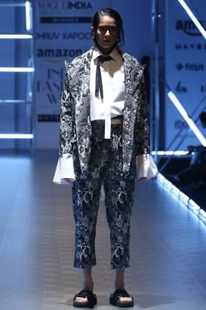 Black and white jacquard marshmallow jacket by Dhruv Kapoor