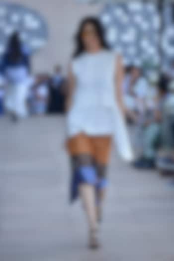 Brown, black and blue panelled high rise emil skirt available only at Pernia's Pop Up Shop.