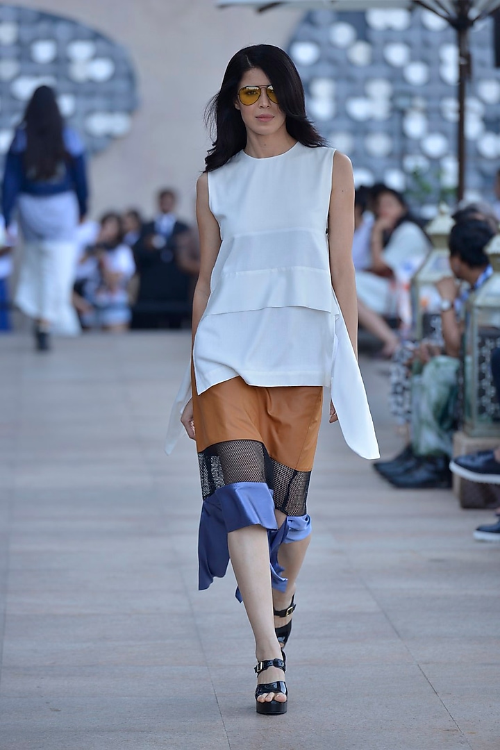 Brown, black and blue panelled high rise emil skirt available only at Pernia's Pop Up Shop.