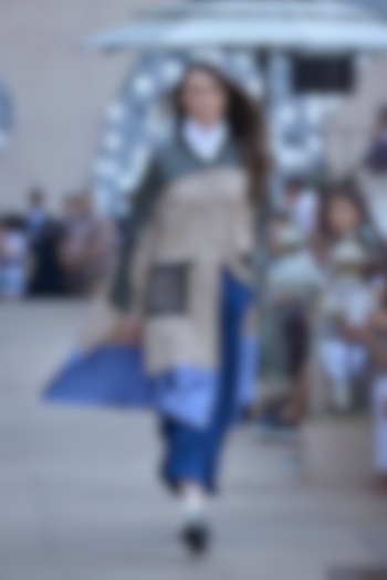 dull beige, grey and blue oversize panelled bernard raincoat available only at Pernia's Pop Up Shop.