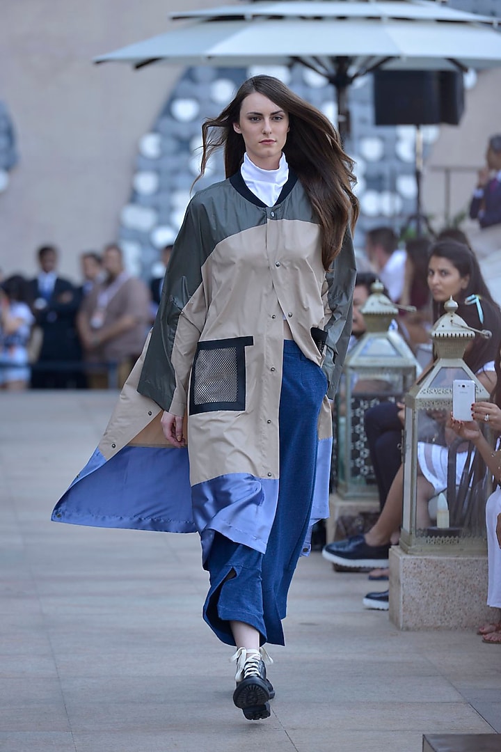 dull beige, grey and blue oversize panelled bernard raincoat available only at Pernia's Pop Up Shop.