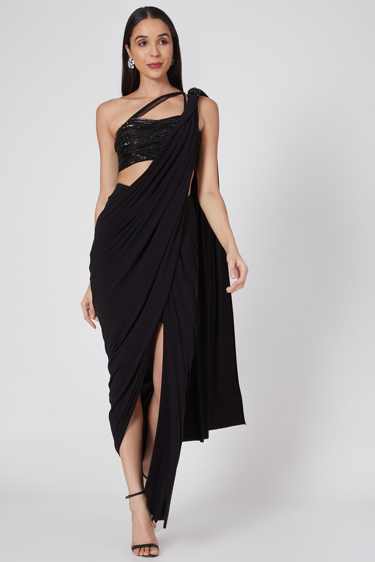 Black Pre-Stitched Lycra Saree For Cocktail