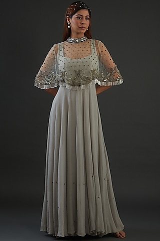 Silver Chiffon Gown With Cape by Diksha Tandon