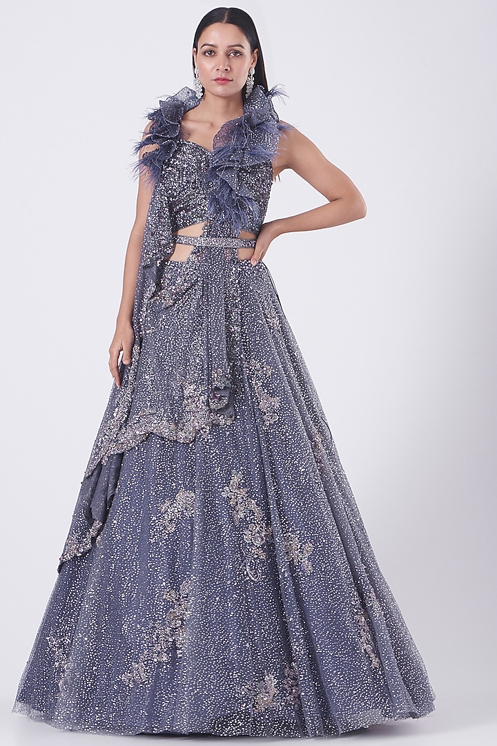 Leaden Blue Embroidered Bridal Lehenga Set by Dolly J at Pernia's Pop Up Shop