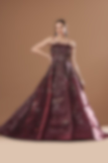 Maroon Metallic Organza Crystal Embellished Bridal Gown by Dolly J at Pernia's Pop Up Shop