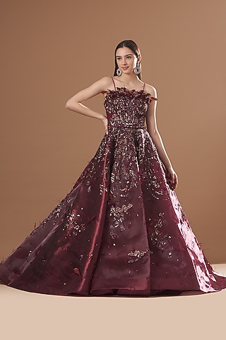 Maroon Metallic Organza Crystal Embellished Gown by Dolly J