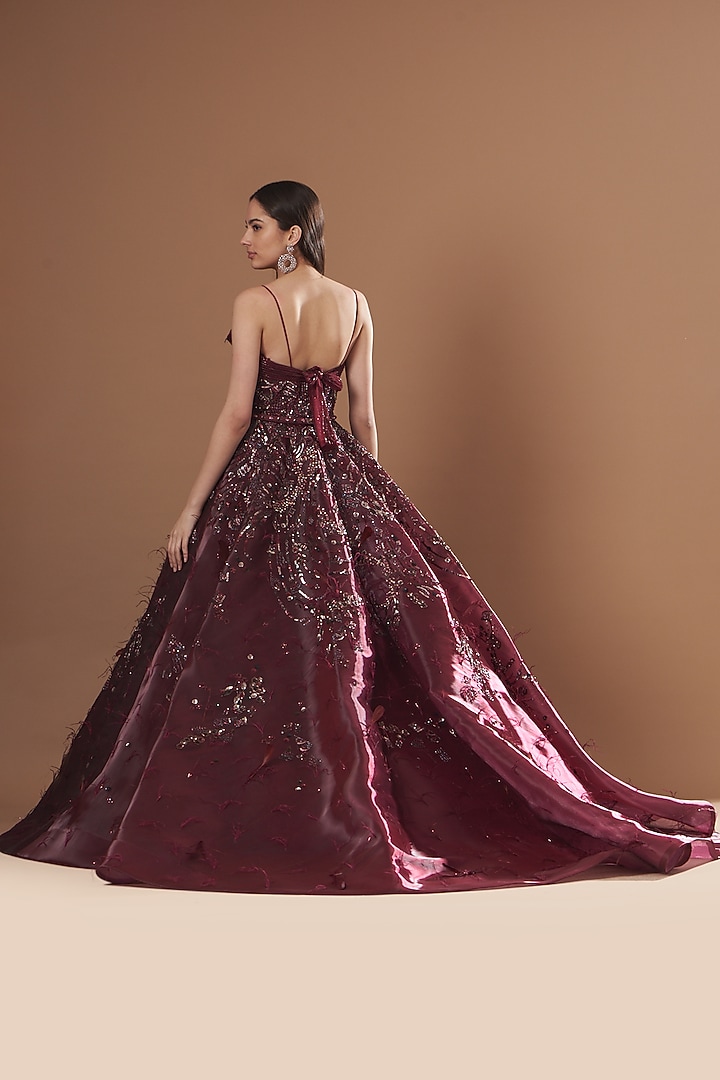 Maroon Metallic Organza Crystal Embellished Bridal Gown by Dolly J at Pernia's Pop Up Shop