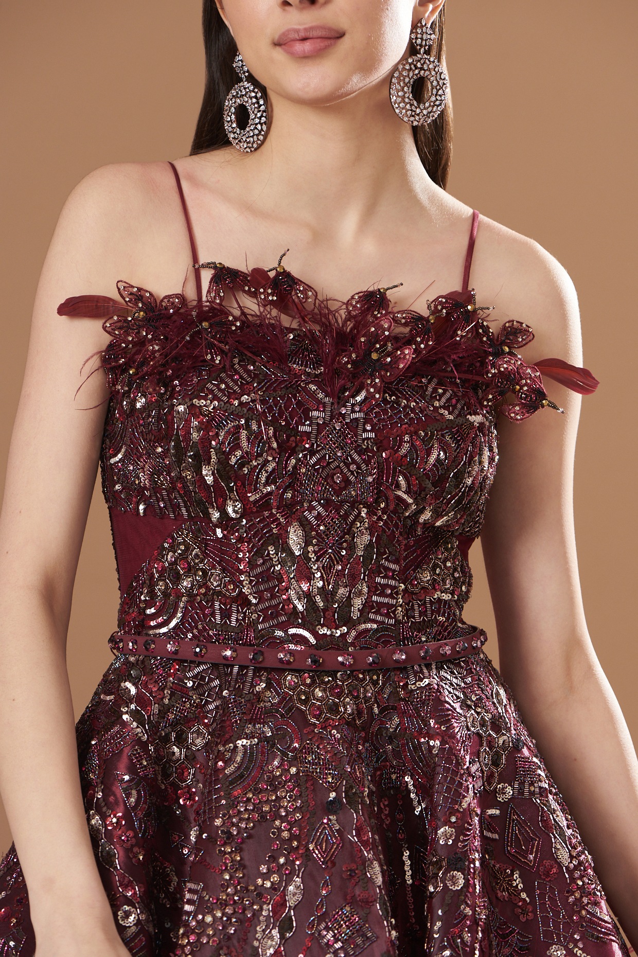 Maroon Metallic Organza Crystal Embellished Gown by Dolly J