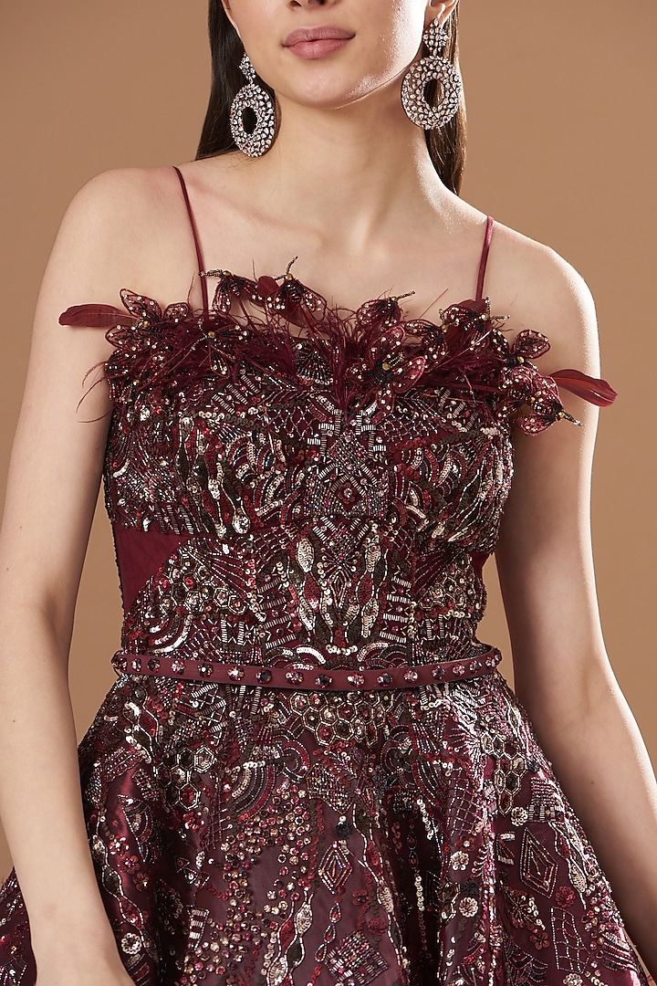 Maroon Metallic Organza Crystal Embellished Bridal Gown by Dolly J at Pernia's Pop Up Shop