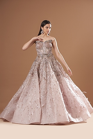 Dusty Lilac Handwoven Organza Sequins Embellished Gown by Dolly J