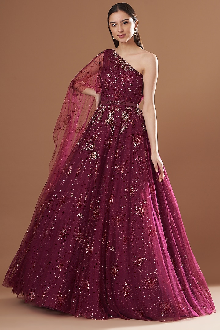 Maroon Shimmer Tulle Sequined Gown Saree by Dolly J
