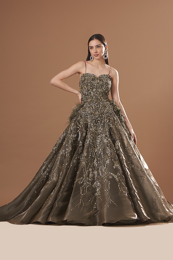 Metallic Green Shimmer Tulle Crystal Embellished Bridal Gown by Dolly J at Pernia's Pop Up Shop