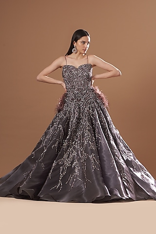 Metallic Grey Shimmer Tulle Crystal Embellished Gown by Dolly J