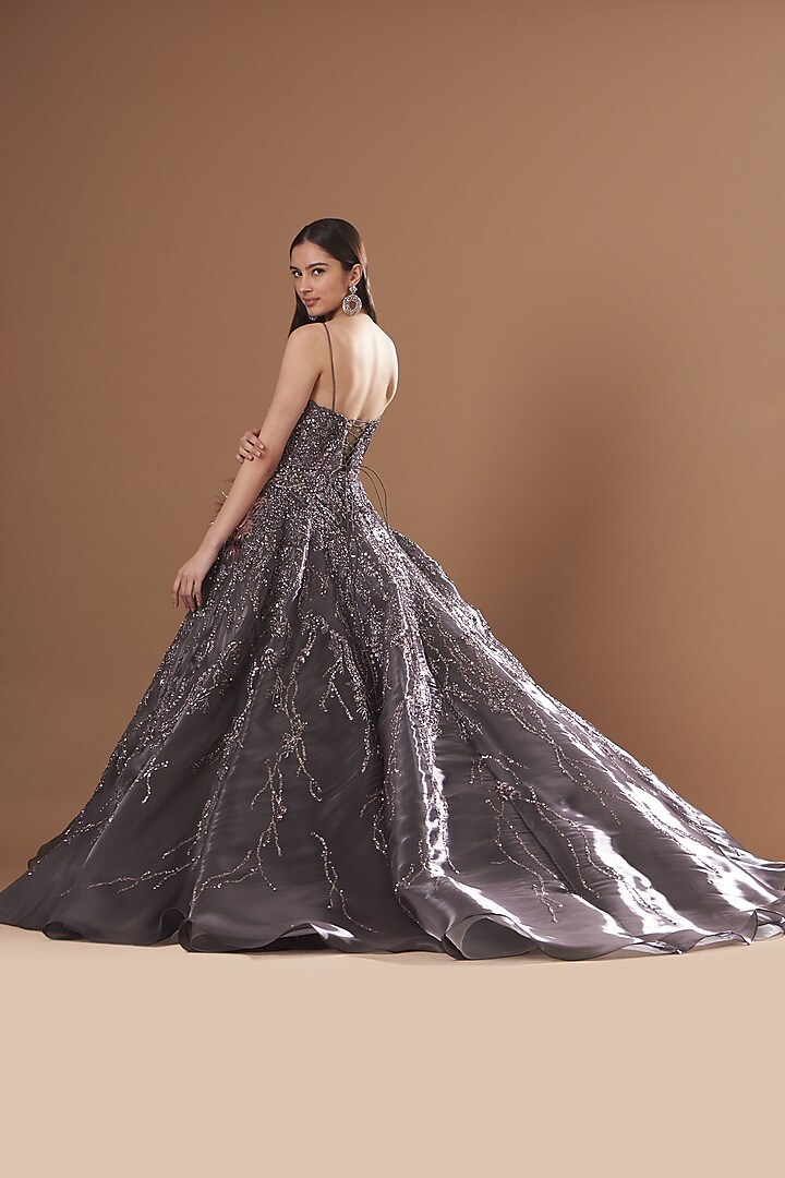 Metallic Grey Shimmer Tulle Crystal Embellished Bridal Gown by Dolly J at Pernia's Pop Up Shop