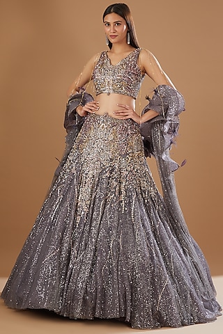 Dull Lavender Shimmer Tulle Panelled Lehenga Set by Dolly J