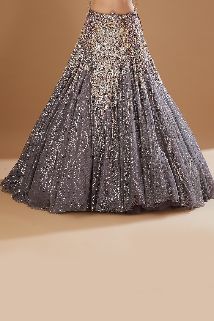 Dull Lavender Shimmer Tulle Panelled Bridal Lehenga Set by Dolly J at Pernia's Pop Up Shop